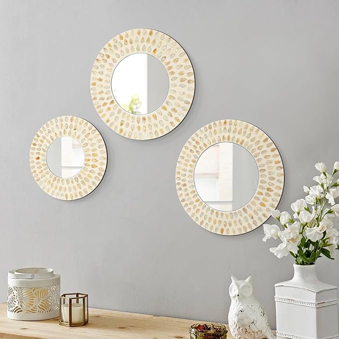 Boho Mirror Wall Decor for Living Room, 3PCS Natural Mother of Pearl Decorative Mirror for Farmhouse Rustic Home, Hanging Sculptures for Women Bedroom Hallway Porch Decoration (Light Brown)-Ruum Studio Home