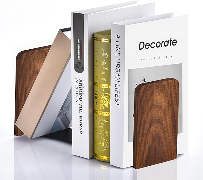 Book Ends, Black Walnut Wooden Bookends for Shelves - Heavy Duty Non-Slip Book Organizers, Upgraded Decorative Bookend Holders for Home, Kitchen, Office, Set of 2, Medium-Ruum Studio Home
