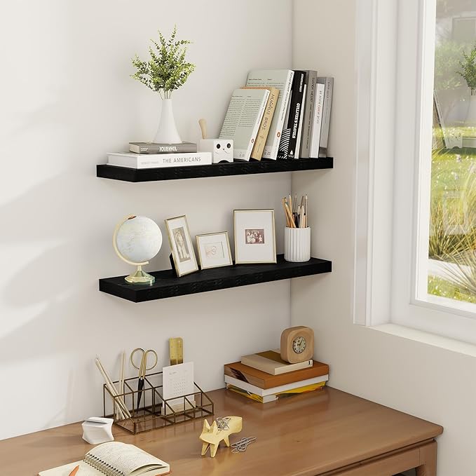 Fun Memories Floating Shelves for Wall, 24" Rustic Wood Deep Wall Mounted Shelves with Invisible Brackets for Decor & Storage, Floating Shelf for Living Room, Bathroom (Black, Set of 2)-Ruum Studio Home