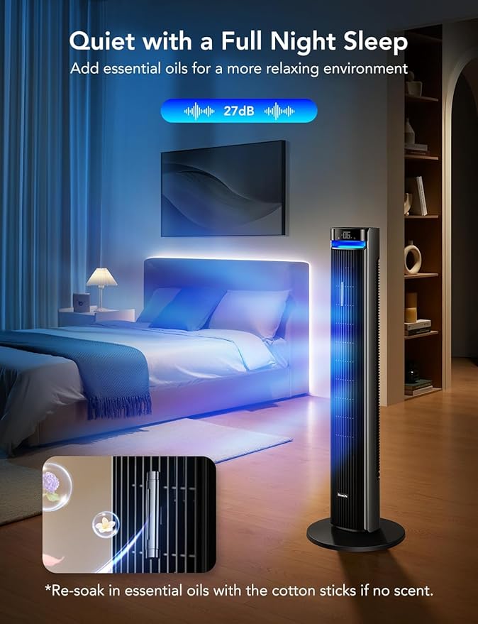 GoveeLife 42'' Tower Fan for Bedroom, Smart Floor Fans with 150° Adjustable Oscillating, APP & Voice Control, 5 Modes 12 Speeds up to 26ft/s, 24H Timer, 27dB Quiet Fan for Cooling Home Office Silver-Ruum Studio Home