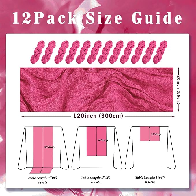 Hot Pink 12 Pack Cheesecloth Table Runner 10FT Boho Fabric Rustic Cheese Cloth Table Runner for Wedding 20 x 120 Inch Long Bridal Shower Baby Shower Gauze Sheer Birthday Party Table Decorations-Ruum Studio Home