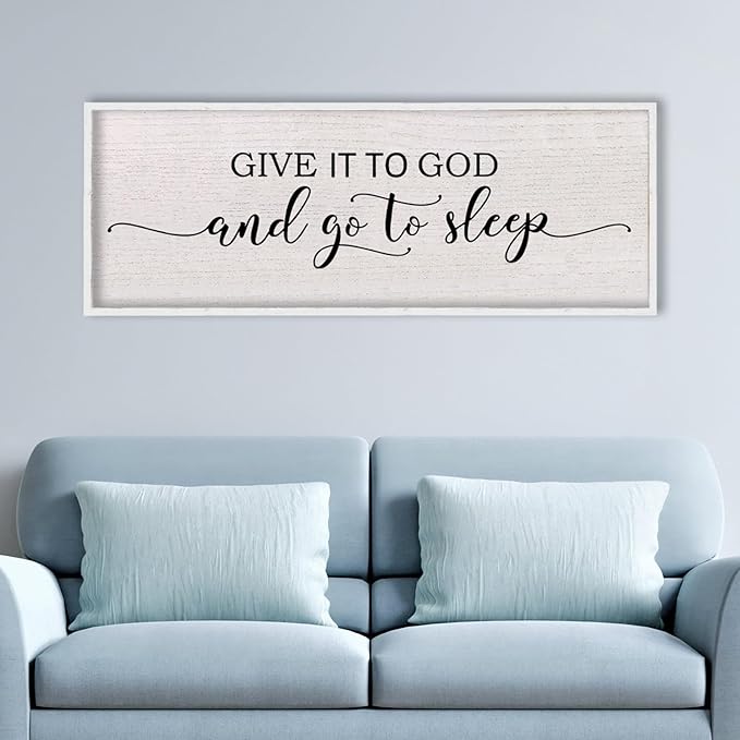 Give It To God And Go To Sleep Above Bed Wall Decor Sign 40"X15" Master Bedroom Over Bed Wall Wood Framed Art (White)-Ruum Studio Home