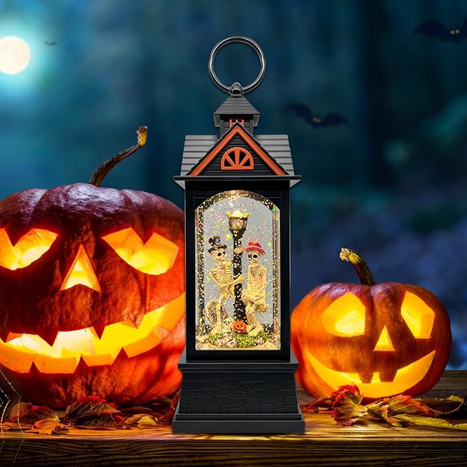 Halloween Snow Globe Lantern with 6 Hour Timer,Halloween Decorations Indoor for Home,Halloween Decor,USB or Battery Powered for Halloween Lanterns,Halloween Skeleton-A-Ruum Studio Home