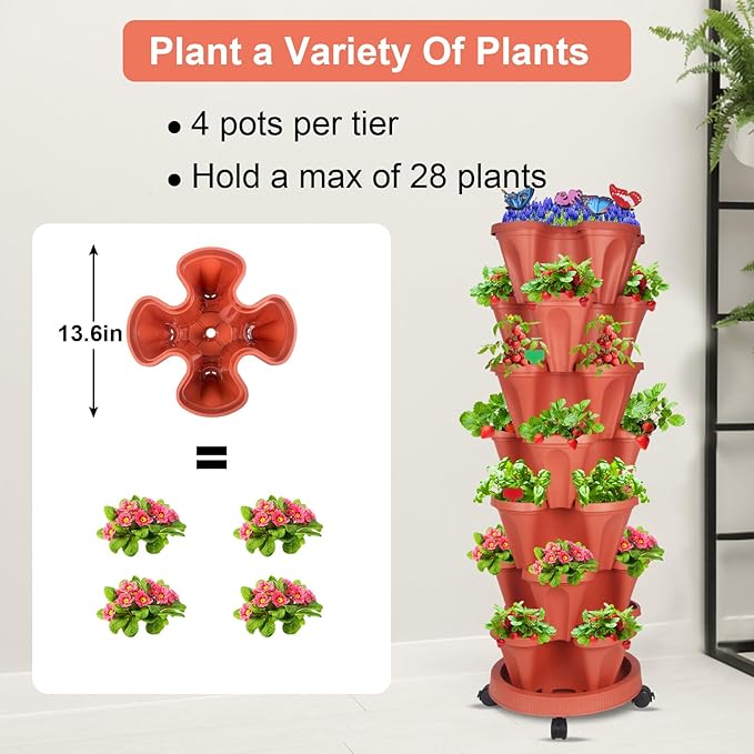 Vertical Planter, 7 Tier Stackable Strawberry Planter with Garden Tool Set, Movable Indoor/Outdoor Garden Herb Pot for Growing Vegetables and Succulents, Red-Ruum Studio Home