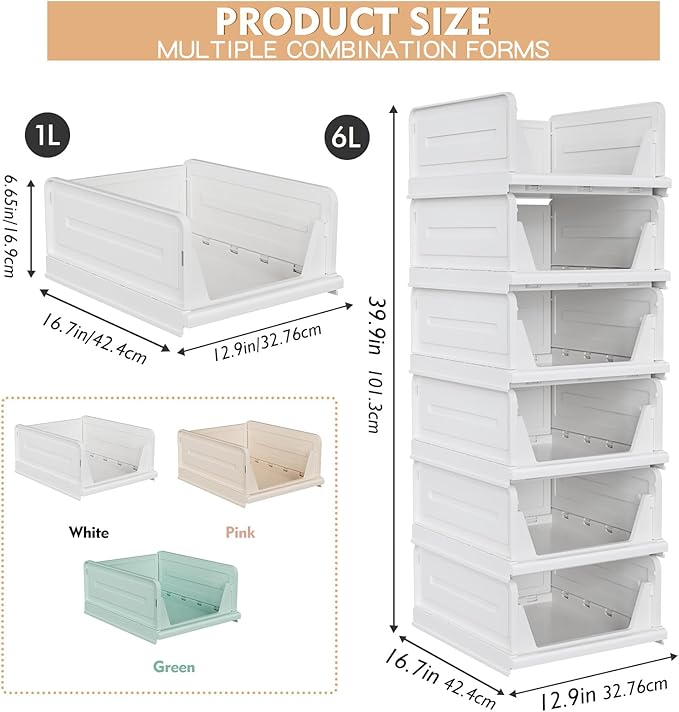 6 Pack Stackable Closet Storage Basket - Stackable Storage Bins, Multifunctional & Foldable Closet Organizer, Wardrobe Storage Space-Saving Clothes Storage Drawer Organizer, White-Ruum Studio Home