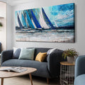 Arjun Blue Abstract Wall Art Canvas Teal Ocean Sailboat Picture Modern Turquoise Coastal Nautical Painting Large 48"x24" Framed Textured Artwork for Living Room Bedroom Bathroom Home Office Wall Decor-Ruum Studio Home