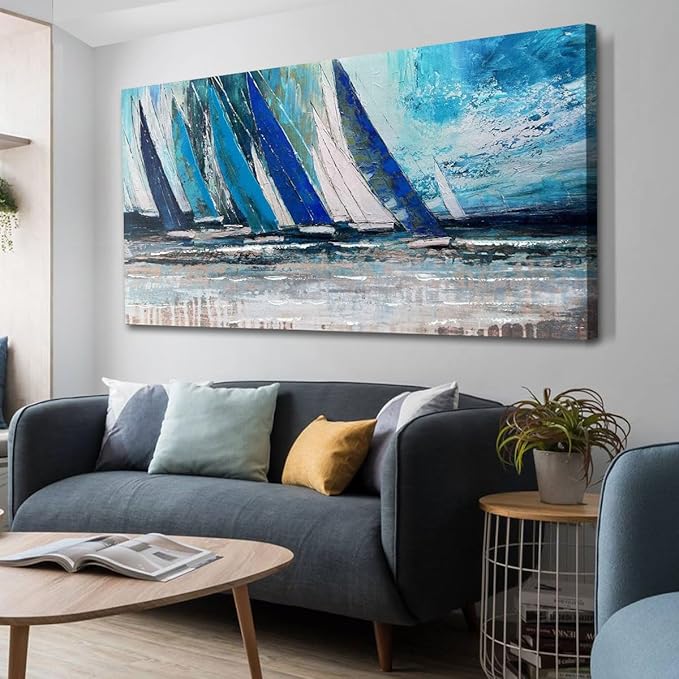 Arjun Blue Abstract Wall Art Canvas Teal Ocean Sailboat Picture Modern Turquoise Coastal Nautical Painting Large 48"x24" Framed Textured Artwork for Living Room Bedroom Bathroom Home Office Wall Decor-Ruum Studio Home