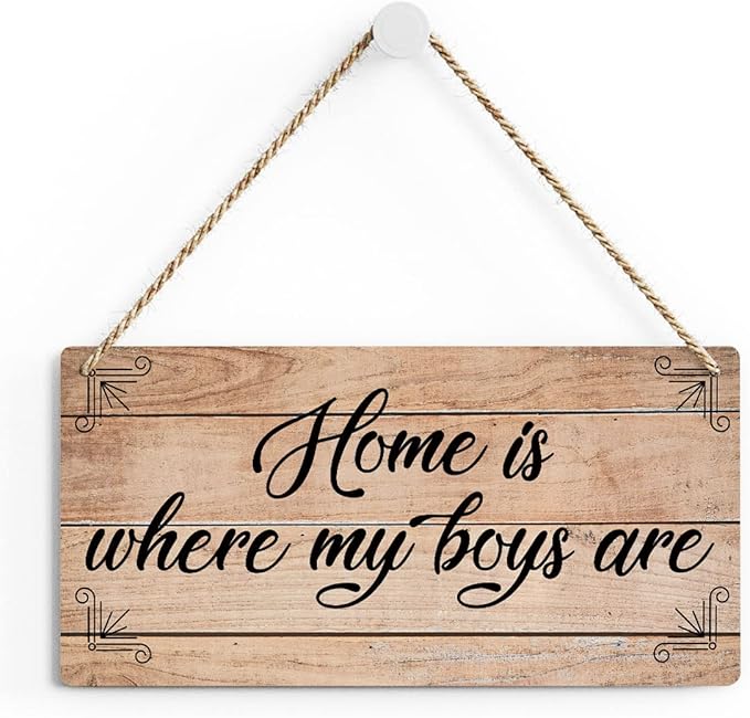SENJIAN Rustic Family Quote Wood Decor Sign, Home is Where My Boys are Printed Wood Sign Wall Art, Hanging Door Sign, Decorative Wood Sign Home Decor 6" x 12"-Ruum Studio Home