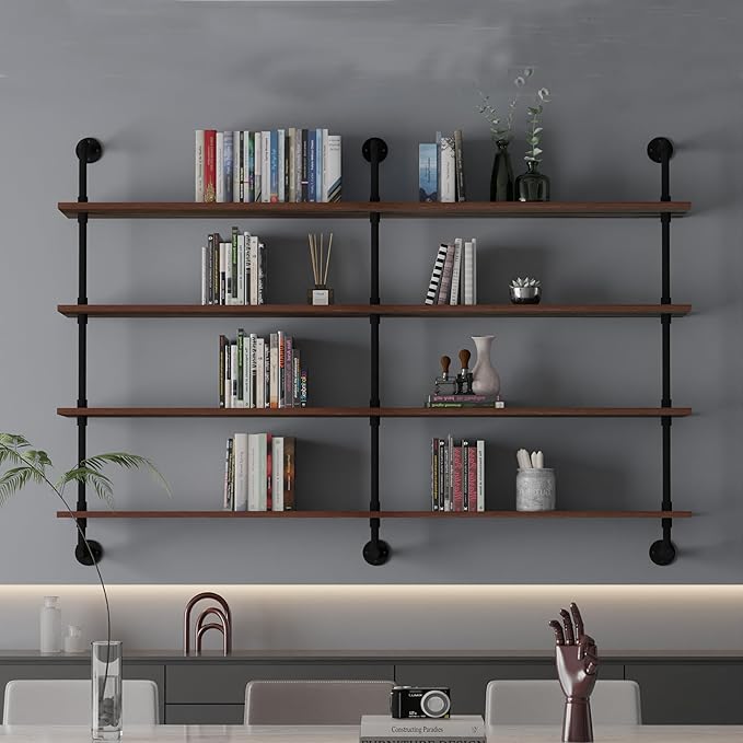 Industrial Pipe Wall Shelves Pipe Shelving with Real Wood Plank,60 Inches Floating Shelves for Wall Farmhouse Pipe Book Shelves Dark Brown 4 Tier for Kitchen,Living Room Decor and Bar Shelving-Ruum Studio Home