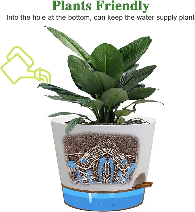 Self Watering Pots for Indoor Plants,12 inch Planters with Drainage Holes Plastic Flower Pots with Deep Reservoir, White with Brown-Ruum Studio Home