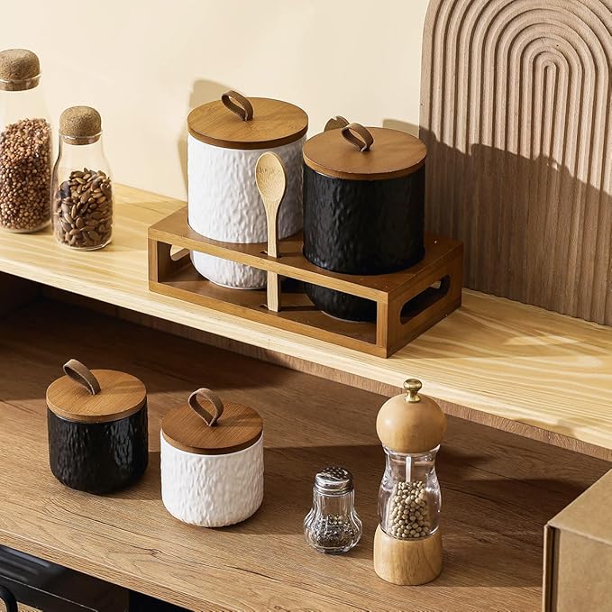 Black White Ceramic Coffee Canister Tea Canister with Seal Wood Lid, Airtight Coffee Storage Container for Coffee Bean, Ground Coffee, Sugar, Cookie Candy jar (Black, 800ml)-Ruum Studio Home