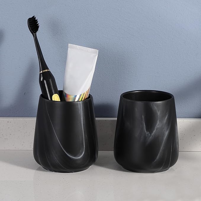 2Pcs Toothbrush Holder for Bathroom - Marble Black Ceramic Tooth Brushing Holders Set, Toothbrush Cup & Toothpaste Organizer for Bathroom Countertop, Makeup Brush Holder, Pen Holder for Home Storage-Ruum Studio Home