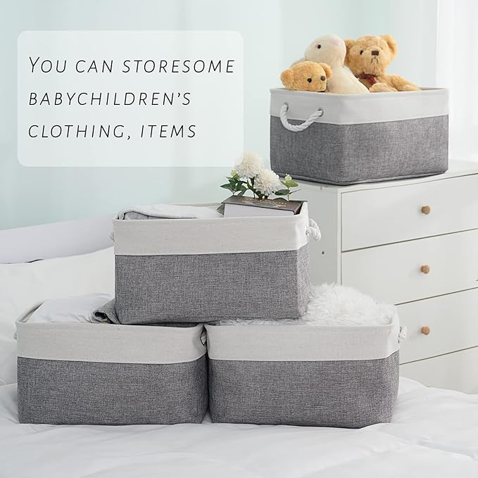 TcaFmac Collapsible Storage Bins for Organization - Large 3 Pack Canvas Storage Basket for Shelves, Organizer Baskets for Organizing for Closet Cloth Dog Toy Baby (White & Grey 16x12x8 inch)-Ruum Studio Home