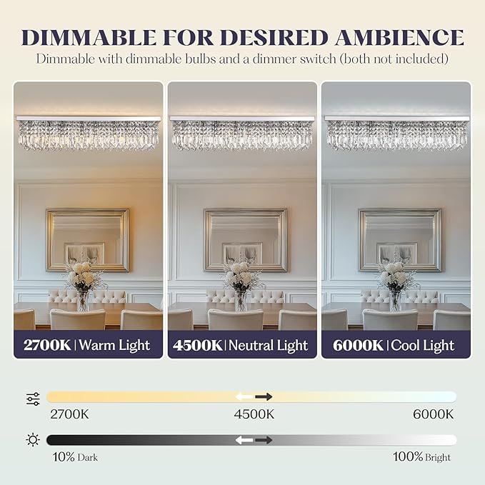 Modern Crystal Chandelier, 8-Lights Rectangle Chandelier Rectangular Flush Mount Pendant Ceiling Light Fixture K9 Crystal Raindrop Chandeliers for Dining Living Room Kitchen Island 𝐋𝟒𝟎 𝐈𝐧𝐜𝐡-Ruum Studio Home