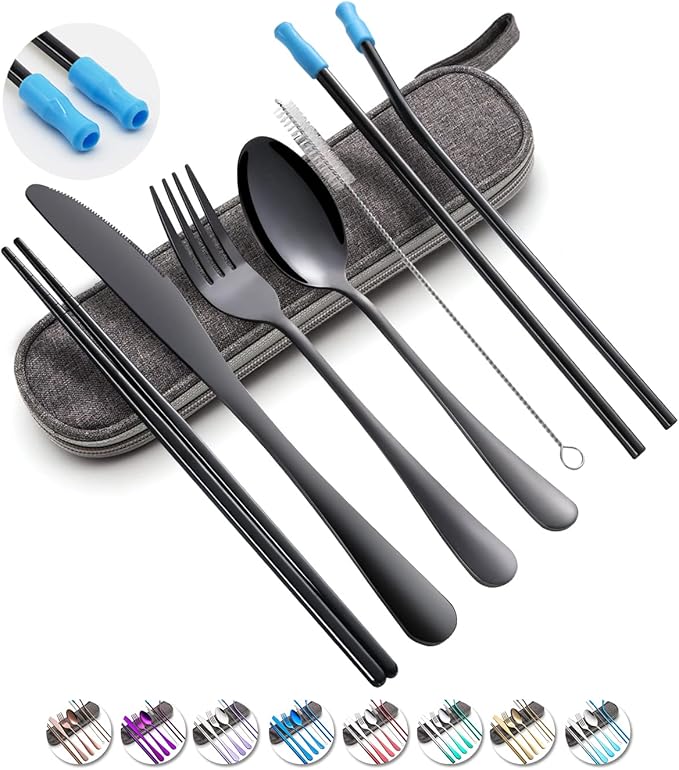 Travel Utensils Set with Case Reusable Portable Cutlery Set Stainless Steel 8pcs Including Dinner Knife Fork Spoon Chopsticks straws(Black)-Ruum Studio Home