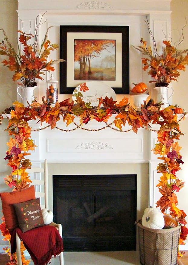 DearHouse 2 Pack Fall Garland Maple Leaf, 5.9Ft/Piece Hanging Vine Garland Artificial Autumn Foliage Garland Thanksgiving Decor for Home Wedding Fireplace Party Christmas (Orange)-Ruum Studio Home
