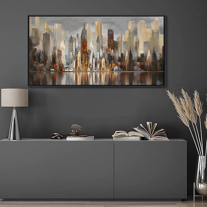 Abstract Brown New York City canvas Wall Art Framed Large Wall Art for Living Room Modern Paintings for Bedroom Cityscape New York Wall Decor Artwork Wall Pictures for Office and Bedroom 24×48in-Ruum Studio Home