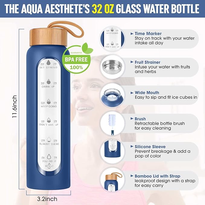 Aqulea Glass Water Bottles 32 Oz with Silicone Sleeve - BPA Free Reusable Wide Mouth Glass Motivational Water Bottles with Fruit Infuser – Leak Proof Borosilicate Water Bottle with Time Marker (Blue)-Ruum Studio Home