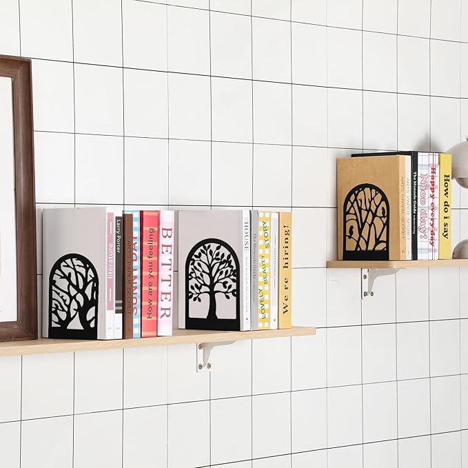 Faccito 5 Pairs Book Ends, Black Metal Bookends for Shelves Decorative, Non Skid Tree Stopper and Flower Shelf Holder for Heavy Books, Home Office School Supplies(Modern)-Ruum Studio Home
