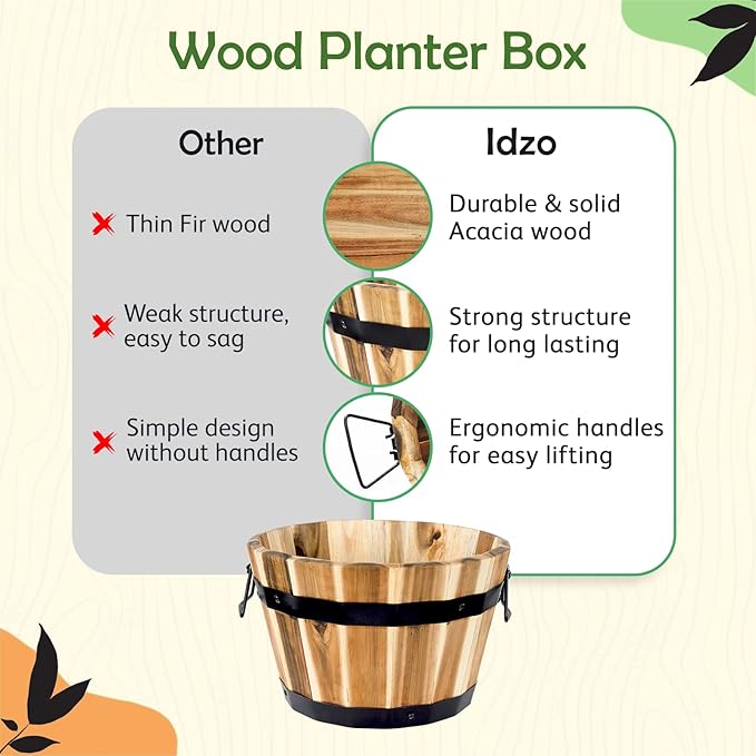 Idzo Set of 3 Wooden Flower Boxes Outdoor, Durable Acacia Wood Barrel Planters for Outdoor Plants with Ergonomic Handles, Drainage Holes, Multiple Sizes Wood Bucket Planter for Home Decor-Ruum Studio Home