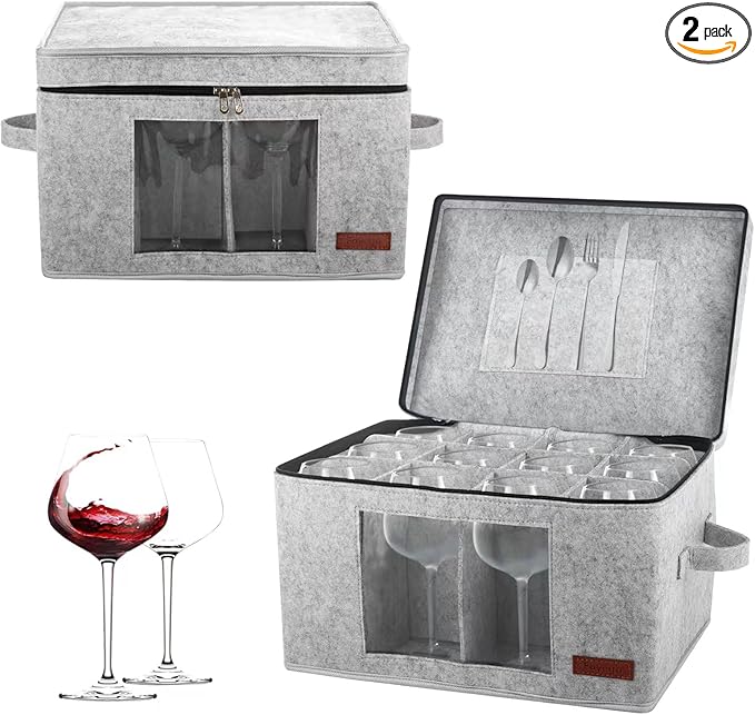 2 Pack Wine Glass Storage Box with Dividers, Stemware Storage Containers for Packing and Moving, China Storage Containers Box for 12 Crystal Glassware, Wine Glasses, Drinkware,Light Gray-Ruum Studio Home