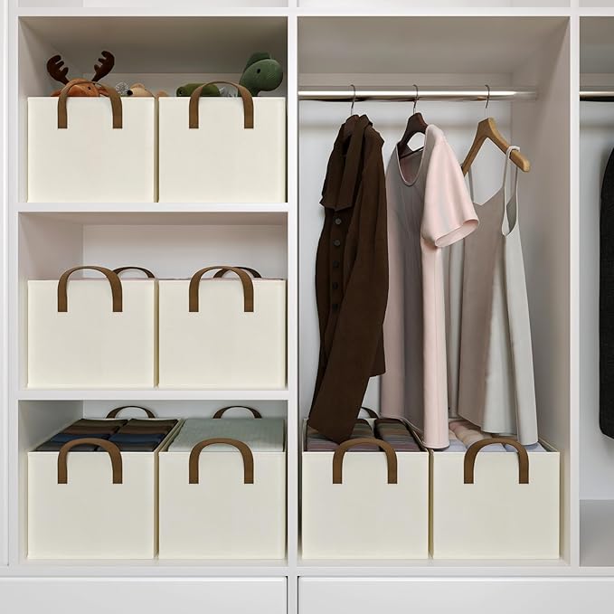 Closet Storage Bins, Fabric Closet Organizers and Storage Basket for Shelves, Collapsible Shelf Baskets for Organizing Shelves, Bedroom Clothes Basket, Beige, 3 Pack-Ruum Studio Home