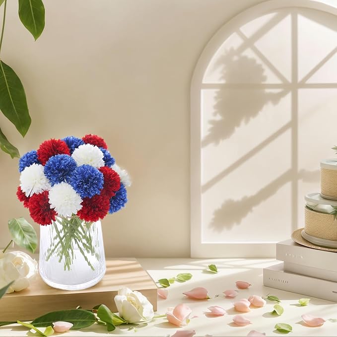 Kimura's Cabin 21Pcs Faux Chrysanthemum Flowers 4th of July Patriotic Flower Decor Artificial Mums Memorial Day Fake Ball Flower Home Event Table Centerpieces DIY Decoratio (Red White Blue-Ruum Studio Home