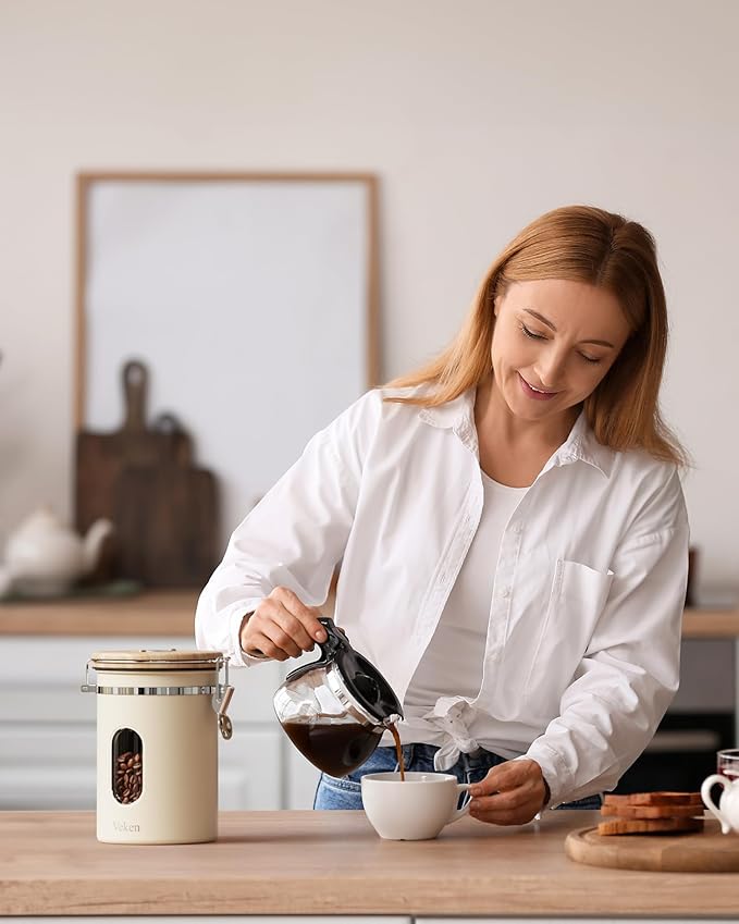 Veken Coffee Sugar Canister with Window, Coffee Lover Gift Set,Airtight Stainless Steel Kitchen Food Storage Container Gifts, Date Tracker & Scoop for Grounds Coffee,Beans,Tea,Flour,Cereal,22OZ,Cream-Ruum Studio Home