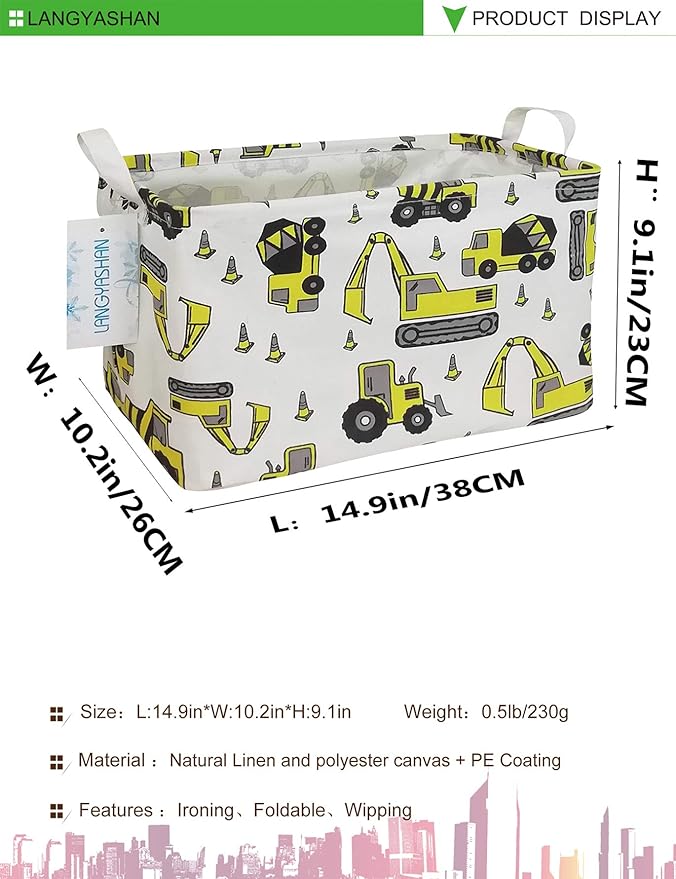 LANGYASHAN Rectangular Storage Bin Collapse Canvas Fabric Cartoon Storage Basket with Handles for Organizing Home Kitchen Boys and Girls Toys Office Closet Shelf Baskets (Rec Engineering Vehicle)-Ruum Studio Home