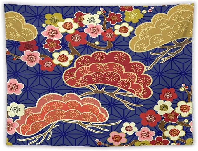 HZOHNAGO Japanese Tapestry Art Abstract Colorful Cherry Blossom Blue Background Pattern Printed Wall Tapestry Painting Wall Hanging for Bedroom Living Room Dorm 80" W x 60" H-Ruum Studio Home