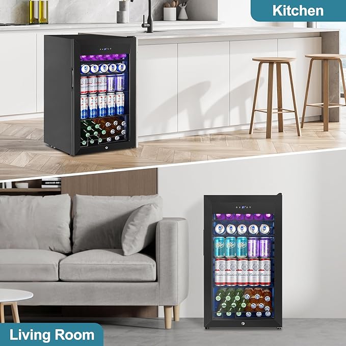 Beverage Refrigerator Cooler, 128 Cans 3.2 Cu.Ft Mini Fridge Glass Door for Drink Beer Soda Wine, Small Fridge with 4 Adjustable Removable Shelves for Kitchen, Bedroom, Office, Bar, Gaming Room, Black-Ruum Studio Home