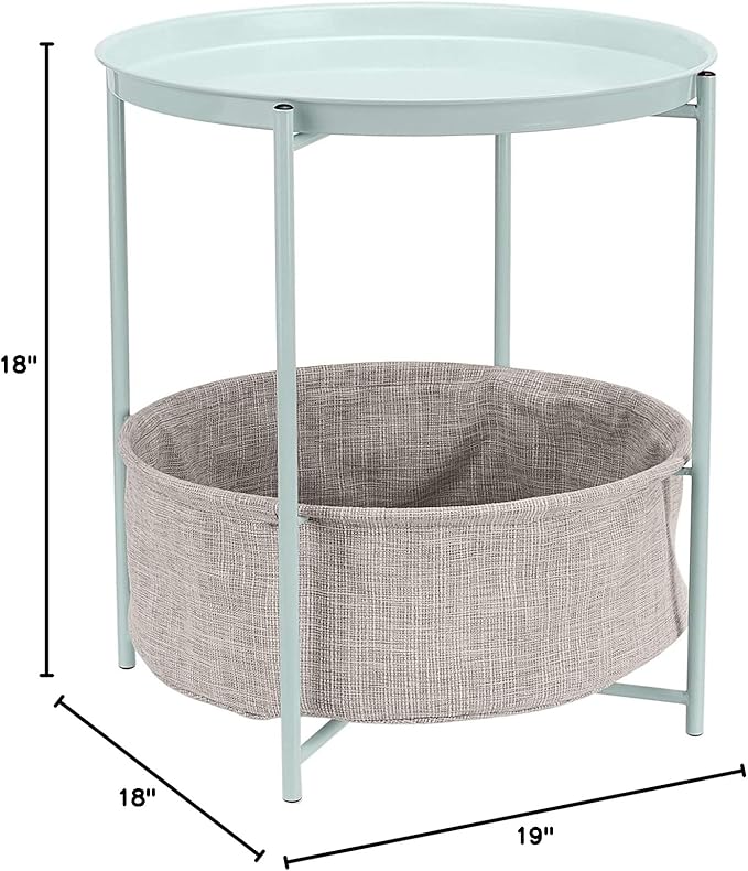Amazon Basics Round Storage End Table, Side Table with Cloth Basket, Mint Green/Heather Gray, 18 in x 18 in x 19 in-Ruum Studio Home