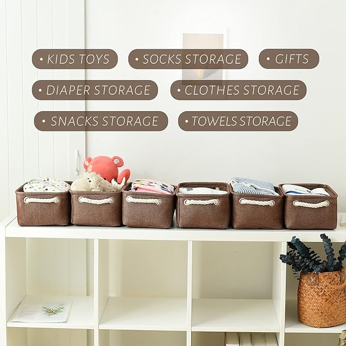 TheWarmHome Storage Basket for Organizing - 12x8x5 inch Small 6 Pack Collapsible Storage Bin for Shelves with Handles, Canves Storage Box for Cloth Closet Organizer Gift Toy (Brown)-Ruum Studio Home