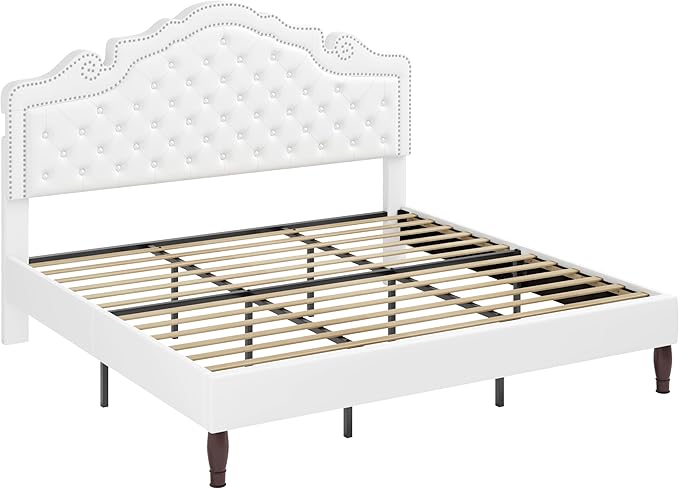 Allewie King Bed Frame with Adjustable Velvet Tiara Headboard, Upholstered Diamond Button Tufted Platform Bed, Wood Slats Support, No Box Spring Needed, Mattress Foundation, Easy Assembly, White-Ruum Studio Home
