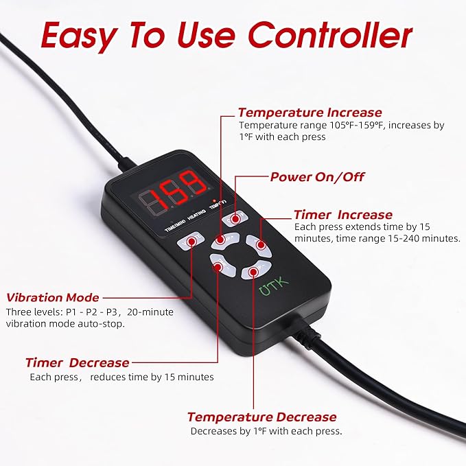 UTK Vibrating Far Infrared Heating Pad for Back Pain Relief, Hot to 159℉, Lower Back Massager Gift for Women Men, FSA-HSA Eligible, 3 Vibration, 16 Timers Auto-Off, 20 Jades, 35-55" Adjustable Size-Ruum Studio Home