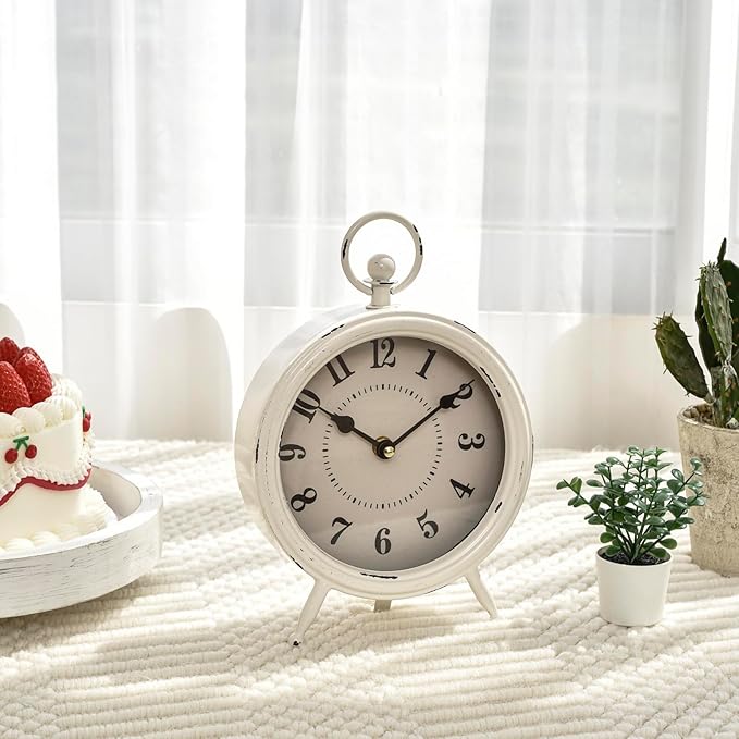 Vintage Rustic White Table Clock on Stand, Decorative Desk and Shelf Clock Farmhouse Mantel Clock Rustic Non-Ticking Clock-Ruum Studio Home
