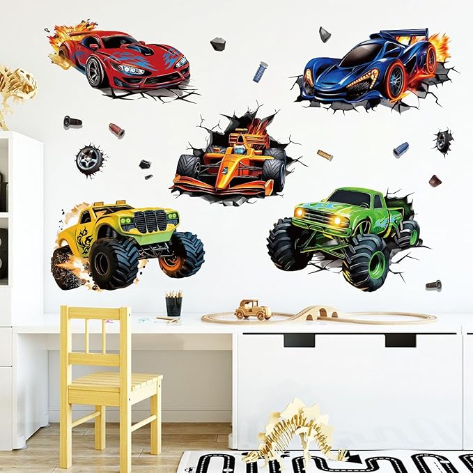 3D Racing Cars Wall Decals - Truck Bursting Through Wall, F1 Racing Cars Wall Stickers for Kids Room Boys Bedroom-Ruum Studio Home