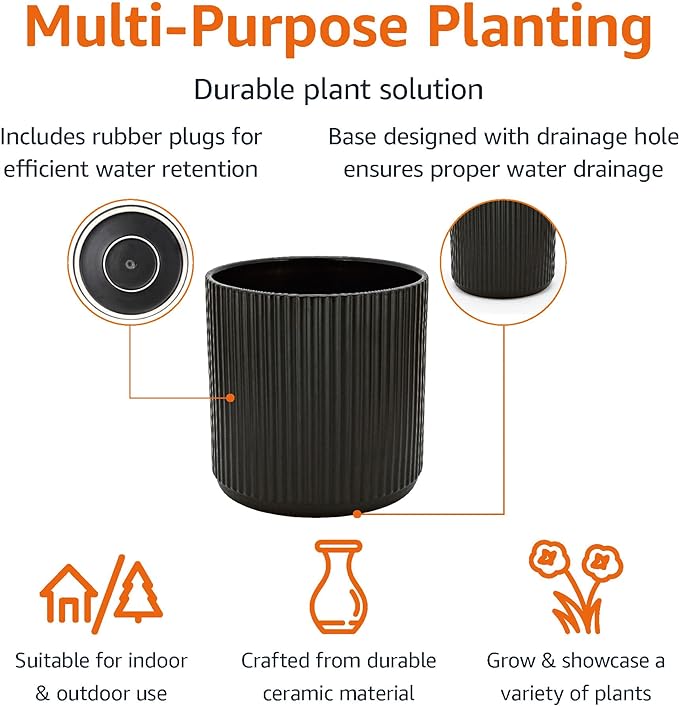 Amazon Basics Fluted Ceramic Round Planter, 10-inch, Black-Ruum Studio Home