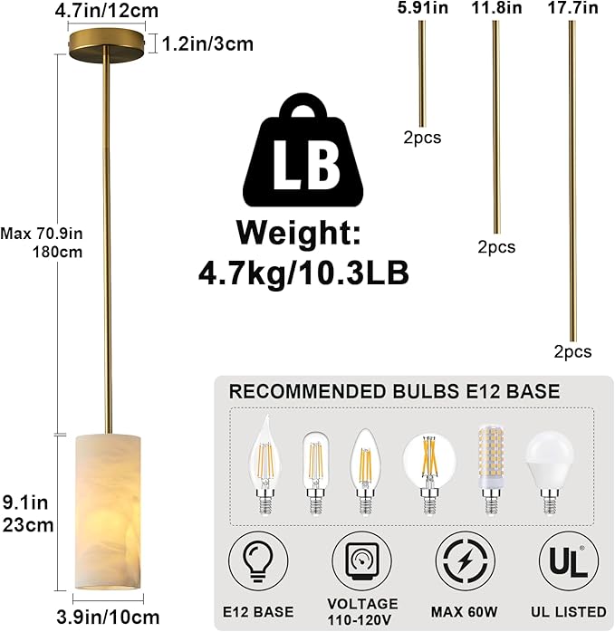 Alabaster Pendant Light Kitchen Island, H-9.5in Brass Pendant Light Fixtures with Natural Marble Shade, Adjustable Ceiling Pendant for Dining Room, Living Room, Bedroom & Bathroom-Ruum Studio Home