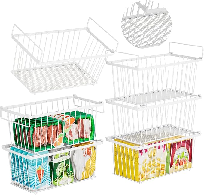 6 Pack Stackable Deep Freezer Organizer Bins ，Upgraded Bottom Leak-Proof net，Encryption and Hardening ， Freezer Organizer Bins for 5 to 9 Cu.FT Small Chest Freezer， Easy Get Bottom Foods-Ruum Studio Home