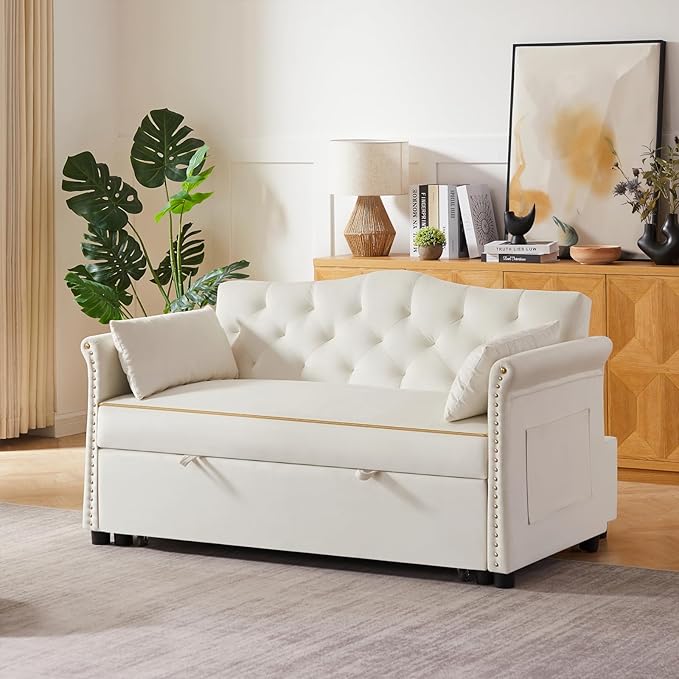 58" Velvet Sofa Bed, 3-in-1 Convertible Pull-Out Sleeper Sofa & Couch with Storage Bag and Adjustable Backrest,Perfect for Small Spaces, Living Room, or Office-Ruum Studio Home