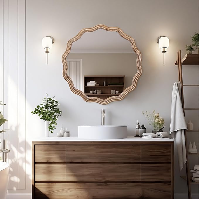 Round Mirror Vanity Mirrors for Bathroom with Wavy Wood & Beaded Frame - Wall Mirrors for Living Room,Entry Mirrors for Wall,Decorative Mirror-Ruum Studio Home