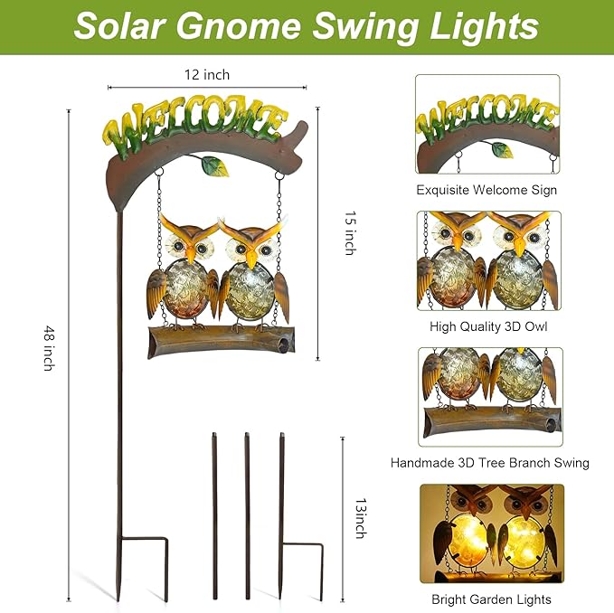HONGLAND Solar Lights Outdoor Decor, Owl Swing Garden Decor, Owl Gifts for Women Mom, Whimsical Garden Lights Outdoor Decorations with Welcome Sign for Outside Patio Yard Lawn Decor-Ruum Studio Home