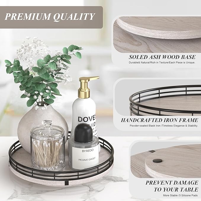 9" Wooden Lazy Susan Organizer for Cabinet, Turntable Round Decorative Tray for Kitchen Sink, Countertop Organizer, Bathroom Counter Organizer for Skincare Makeup, Rustic White-Ruum Studio Home