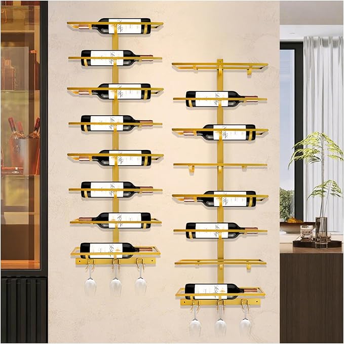 16 Bottle Wall Mount Wine Rack with Wine Glass Holder, Metal Wine Wall Rack, Wall Racks for Wine Bottles Display and Storage, Hanging Bottle Organizer for Living Dining Room Wine Cellar Bar (Gold)-Ruum Studio Home