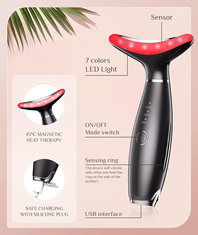 7 Color Galvanic Machines - Red Light Therapy for Face and Neck, Face Massager Tool for Wrinkles, Double Chin, Vibrating Facial Massager with Thermals, Black-Ruum Studio Home