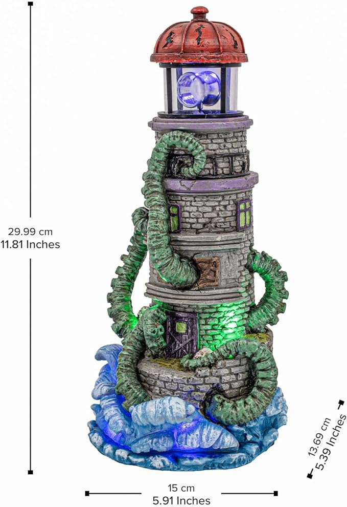 Lighthouse Attack Kraken Theme Spooky Halloween Village Multi-Color LED Lights, Animated Rotating Food Light and Music 6" x 5.5" x 12"-Ruum Studio Home