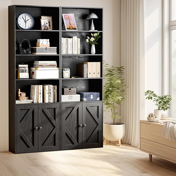 Tall Wooden Bookshelf with Cabinet and Doors – 70.86” Freestanding Tall Bookcase for Heavy Books, Living Room Storage, Home Office Shelf, Bedroom Organization – Vintage Black Wood Book Shelf-Ruum Studio Home