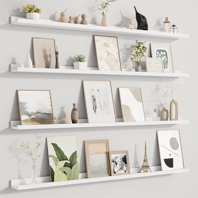Picture Ledge Shelf for Wall, Floating Shelves Set of 4, 48 Inch Long Nursery Book Shelves for Toys Storage, Kids Bookshelf Wall Mounted for Books Photo Frames, White-Ruum Studio Home