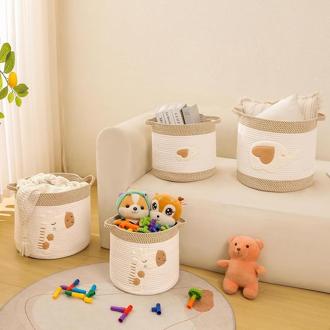 Large Blanket Baskets for Living Room Decor, Toy Storage Baskets Woven Cotton Rope Storage Basket for Kids, Dog Toys Organizer Clothes Hamper with Embroidery Decor for NurseryLaundry (Large, Elephant)-Ruum Studio Home